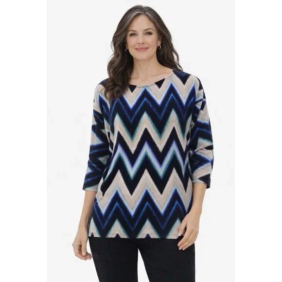 Chicos Blue Black Chevron Zig Zag Stretch Knit Top Size 1 Med Boat Neck - Picture 1 of 11